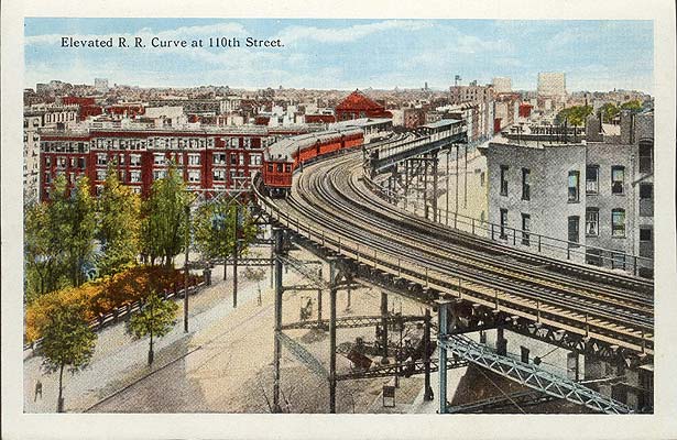 New York City elevated railroad curve 110th street c1910