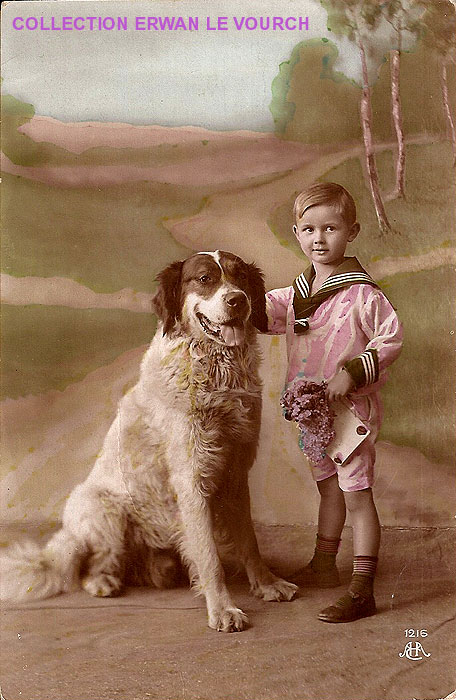 carte postale ancienne 1910 garconnet avec gros chien