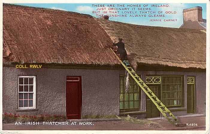 Irish thatcher chaumier irlandais carte postale 1965