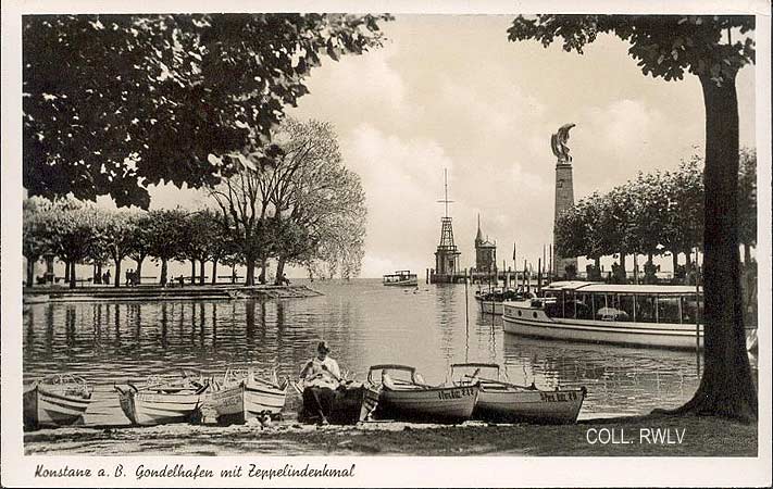 Ansichtskarte c1930 Konstanz Gondelhafen mit Zeppelindenkmal