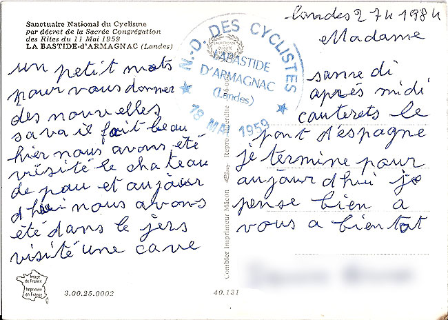 carte postale 1959 notre dame des cyclistes labastide d'armagnac landes