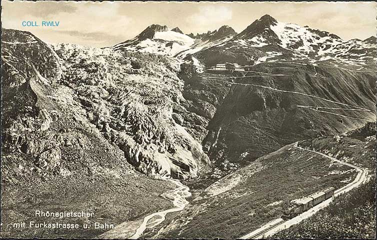 Rhonegletscher mit Furkastrasse und Bahn c1930