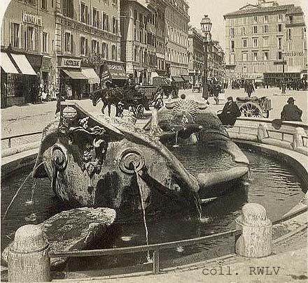 Roma piazza di Spagna, la Barcaccia veduta stereo c1900